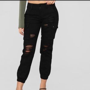 Black distressed denim cargo pants